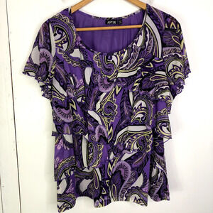 Apt 9 Top Womens 1X Vibrant Purple Paisley Ruffle Tiered Front Sheer Sleeves